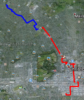 Red is the existing fibre on Papanui Road. Blue is the pathway of the new fibre down Normans Road